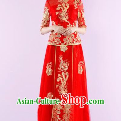 Ancient Chinese Traditional Wedding Costumes Bride Embroidered Red Dress Xiuhe Suits for Women