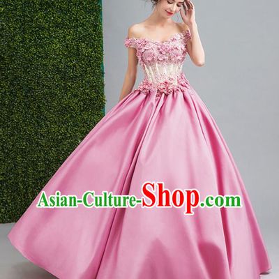 Handmade Bride Pink Silk Wedding Dress Princess Costume Flowers Fairy Fancy Wedding Gown for Women