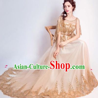 Handmade Bride Golden Embroidered Wedding Dress Princess Costume Flowers Fairy Fancy Wedding Gown for Women