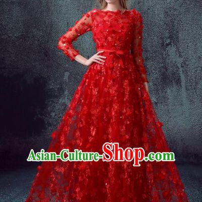 Handmade Bride Red Lace Wedding Dress Princess Costume Flowers Fairy Fancy Wedding Gown for Women
