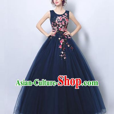Handmade Bride Navy Veil Wedding Dress Princess Costume Flowers Fairy Fancy Wedding Gown for Women