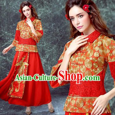 Ancient Chinese Wedding Embroidered Costumes Traditional Bride Red Xiuhe Suits for Women