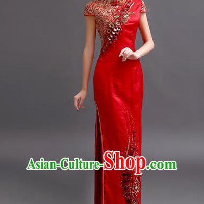 Chinese Traditional Full Dress Wedding Bride Red Cheongsam for Women