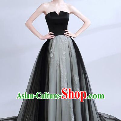 Handmade Black Strapless Evening Dress Compere Costume Catwalks Angel Full Dress for Women