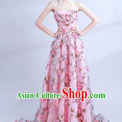 Handmade Pink Flowers Evening Dress Compere Costume Catwalks Angel Full Dress for Women