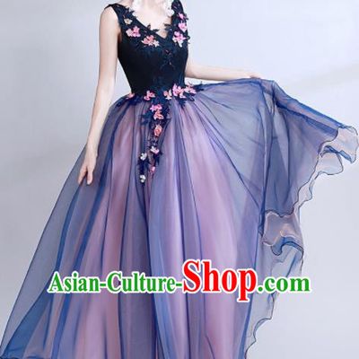 Handmade Embroidered Navy Evening Dress Compere Costume Catwalks Angel Full Dress for Women