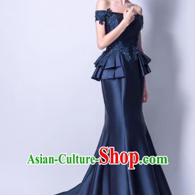 Handmade Navy Satin Evening Dress Compere Costume Catwalks Angel Full Dress for Women