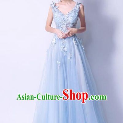 Handmade Blue Lace Formal Dress Compere Costume Catwalks Angel Evening Dress for Women