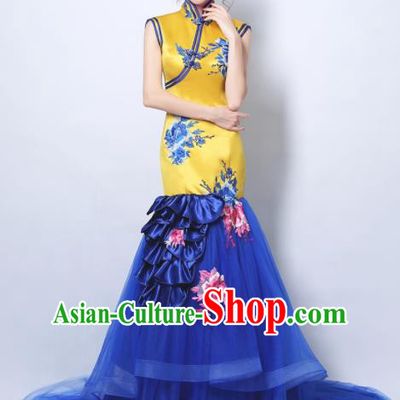 Chinese Traditional Cheongsam Wedding Bride Compere Tang Suit Full Dress for Women