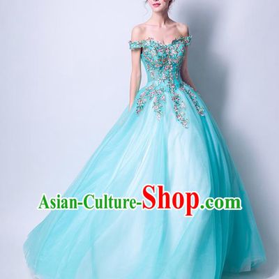 Handmade Bride Blue Veil Wedding Dress Princess Costume Fancy Wedding Gown for Women