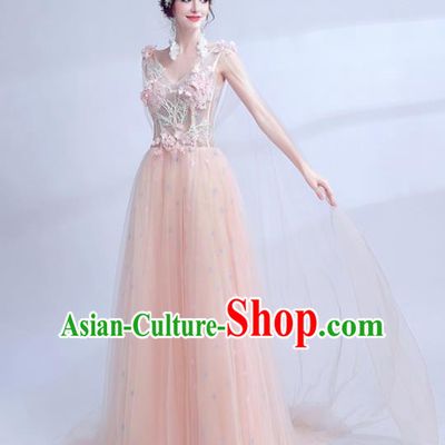 Handmade Pink Veil Evening Dress Compere Costume Catwalks Angel Full Dress for Women