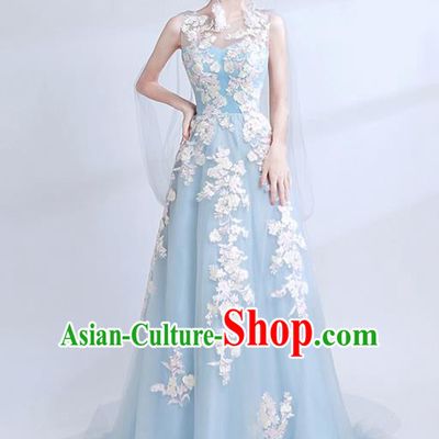Handmade Blue Veil Embroidered Evening Dress Compere Costume Catwalks Angel Full Dress for Women