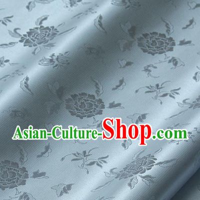 Traditional Asian Light Blue Brocade Classical Peony Pattern Drapery Korean Hanbok Palace Satin Silk Fabric