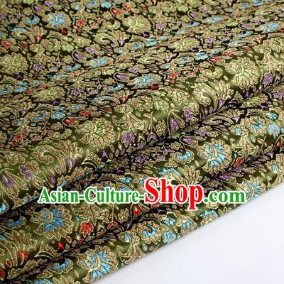 Chinese Traditional Olive Green Brocade Fabric Tang Suit Classical Cockscomb Flower Pattern Design Tang Suit Silk Material Satin Drapery