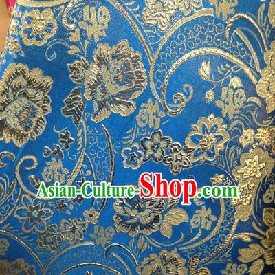 Chinese Traditional Blue Brocade Fabric Tang Suit Classical Peony Flowers Pattern Design Silk Material Satin Drapery