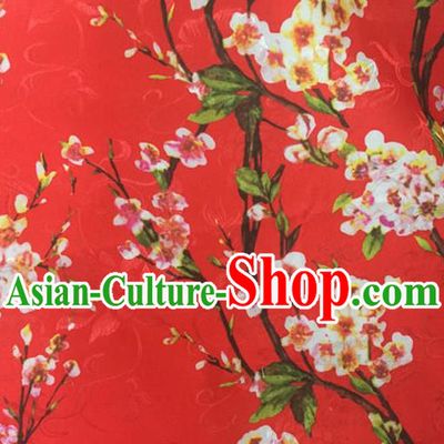 Chinese Traditional Apparel Fabric Printing Peach Blossom Red Brocade Classical Pattern Design Silk Material Satin Drapery