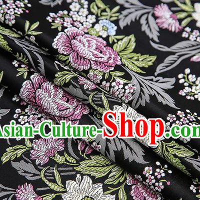 Chinese Traditional Bride Apparel Fabric Black Brocade Classical Peony Pattern Design Material Satin Drapery