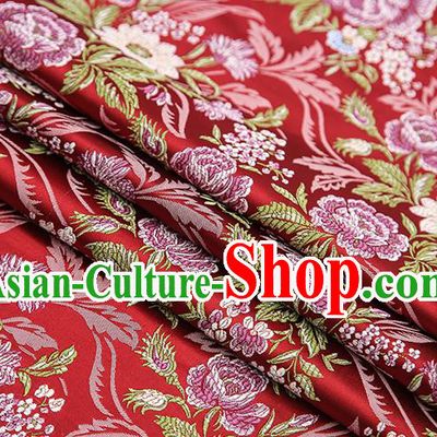 Chinese Traditional Bride Apparel Fabric Purplish Red Brocade Classical Peony Pattern Design Material Satin Drapery