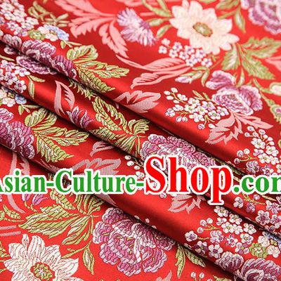 Chinese Traditional Bride Apparel Fabric Red Brocade Classical Peony Pattern Design Material Satin Drapery