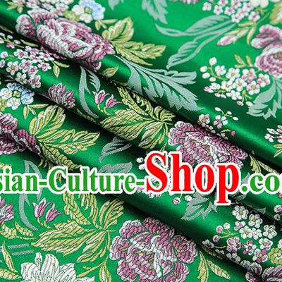 Chinese Traditional Bride Apparel Fabric Green Brocade Classical Peony Pattern Design Material Satin Drapery