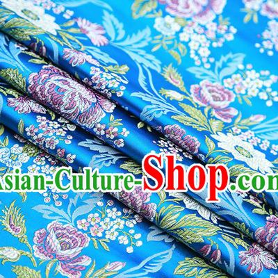 Chinese Traditional Bride Apparel Fabric Blue Brocade Classical Peony Pattern Design Material Satin Drapery