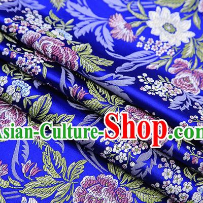 Chinese Traditional Bride Apparel Fabric Royalblue Brocade Classical Peony Pattern Design Material Satin Drapery