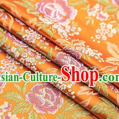 Chinese Traditional Bride Apparel Fabric Orange Brocade Classical Peony Pattern Design Material Satin Drapery