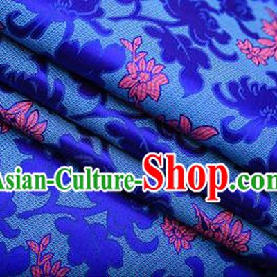 Chinese Traditional Apparel Royalblue Brocade Fabric Classical Peony Chrysanthemum Pattern Design Material Satin Drapery