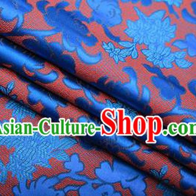 Chinese Traditional Apparel Blue Brocade Fabric Classical Peony Chrysanthemum Pattern Design Material Satin Drapery
