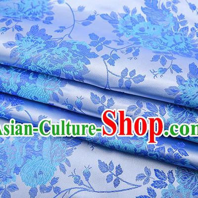 Chinese Traditional Blue Satin Brocade Fabric Qipao Dress Classical Roses Pattern Design Material Drapery