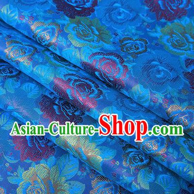 Chinese Traditional Jacquard Fabric Qipao Dress Blue Brocade Classical Roses Pattern Design Satin Material Drapery
