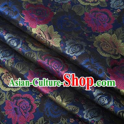 Chinese Traditional Jacquard Fabric Qipao Dress Navy Brocade Classical Roses Pattern Design Satin Material Drapery