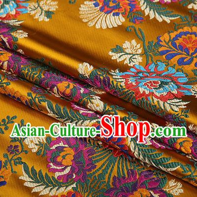 Top Grade Chinese Traditional Golden Satin Fabric Tang Suit Brocade Classical Embroidery Flower Pattern Design Material Drapery