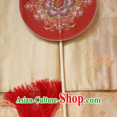 Chinese Ancient Palace Fans Hanfu Red Silk Round Fans for Women