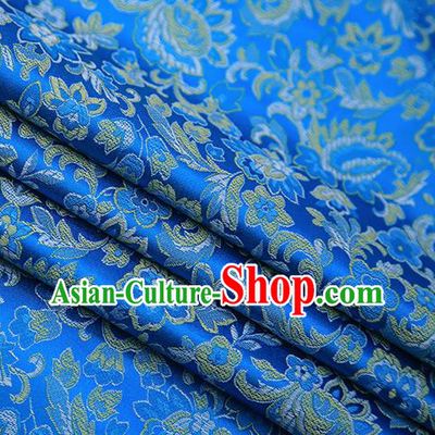 Chinese Traditional Apparel Blue Brocade Fabric Classical Flowers Pattern Design Material Satin Drapery