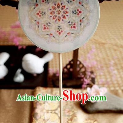 Chinese Ancient Handmade Palace Fans Traditional Hanfu White Embroidered Round Fans for Women