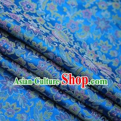 Chinese Traditional Apparel Blue Brocade Fabric Classical Pink Flowers Pattern Design Material Satin Drapery