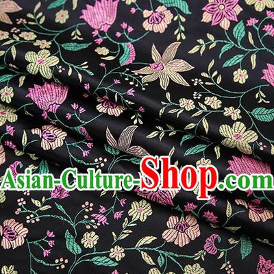 Traditional Chinese Black Satin Tang Suit Brocade Fabric Classical Flowers Pattern Design Silk Material Drapery