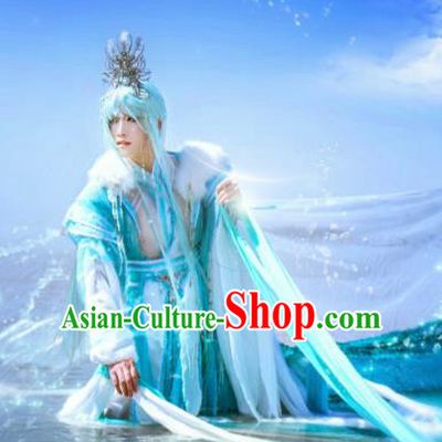 Traditional Chinese Cosplay Swordsman Blue Clothing Ancient Knight Embroidered Costumes and Headpiece Complete Set