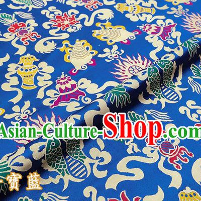 Chinese Traditional Blue Nanjing Brocade Satin Fabric Tang Suit Material Classical Double Fishes Pattern Design Drapery