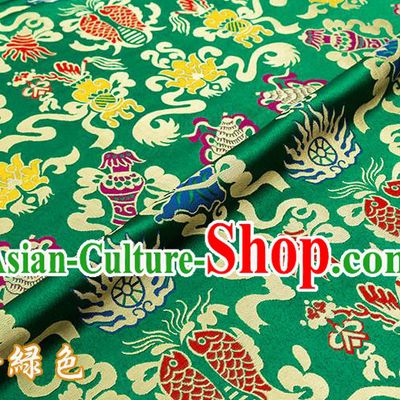 Chinese Traditional Green Nanjing Brocade Satin Fabric Tang Suit Material Classical Double Fishes Pattern Design Drapery