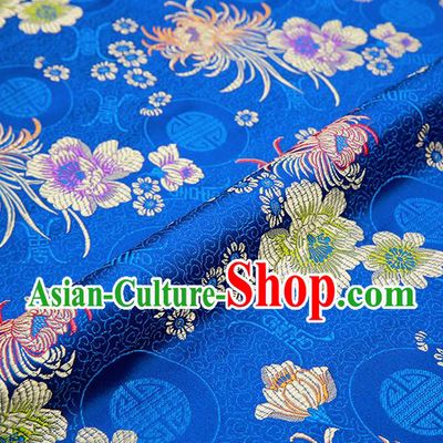 Chinese Traditional Blue Satin Classical Chrysanthemum Peony Pattern Design Brocade Fabric Tang Suit Material Drapery