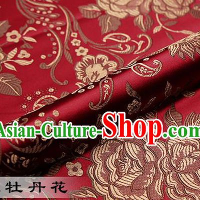Chinese Traditional Wine Red Satin Classical Peony Pattern Design Brocade Fabric Tang Suit Material Drapery