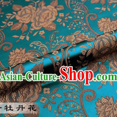 Chinese Traditional Blue Satin Classical Peony Pattern Design Brocade Fabric Tang Suit Material Drapery