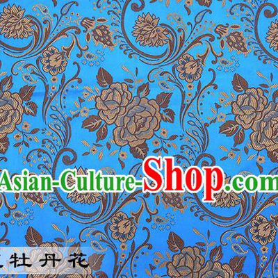Chinese Traditional Light Blue Satin Classical Peony Pattern Design Brocade Fabric Tang Suit Material Drapery