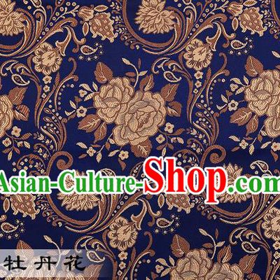 Chinese Traditional Navy Satin Classical Peony Pattern Design Brocade Fabric Tang Suit Material Drapery