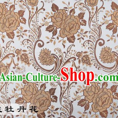 Chinese Traditional White Satin Classical Peony Pattern Design Brocade Fabric Tang Suit Material Drapery