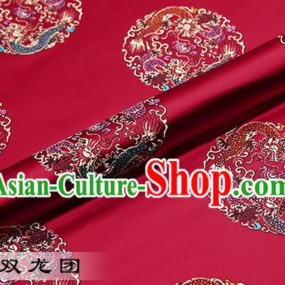 Chinese Traditional Purplish Red Satin Classical Dragons Pattern Design Brocade Fabric Tang Suit Material Drapery