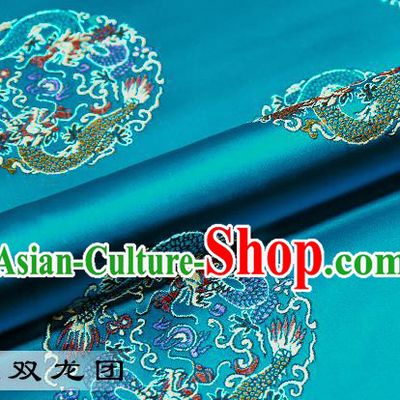 Chinese Traditional Blue Satin Classical Dragons Pattern Design Brocade Fabric Tang Suit Material Drapery