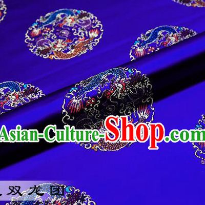 Chinese Traditional Royalblue Satin Classical Dragons Pattern Design Brocade Fabric Tang Suit Material Drapery